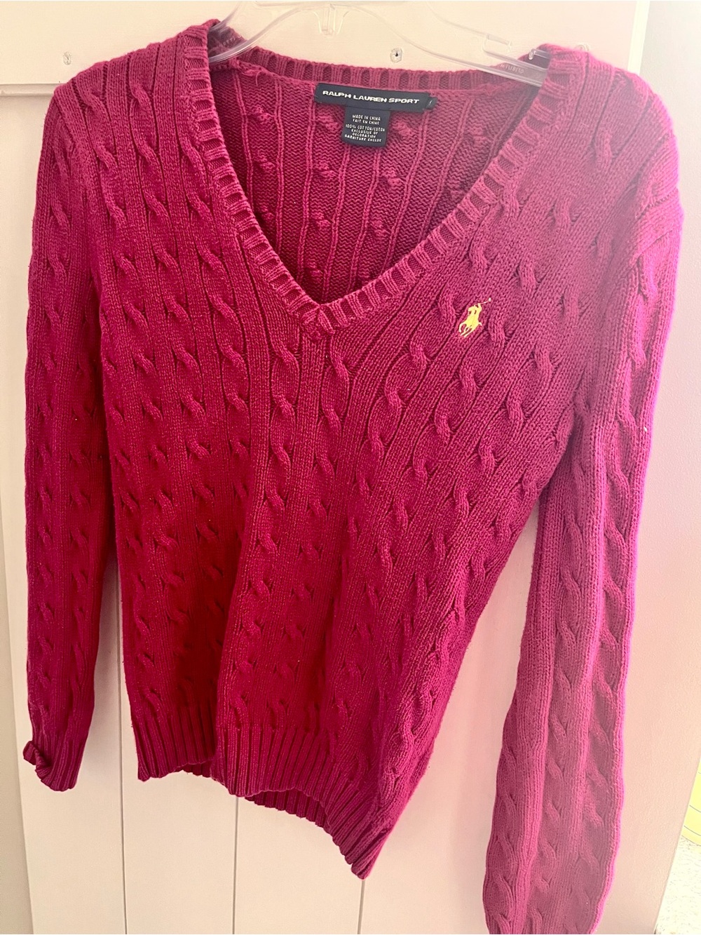 Vintage Ralph Lauren Women’s Cable V-Neck Sweater in Raspberry